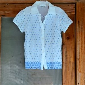 Women's short-sleeved blouse with eyelet hem. Blue and white.  Millennium size L